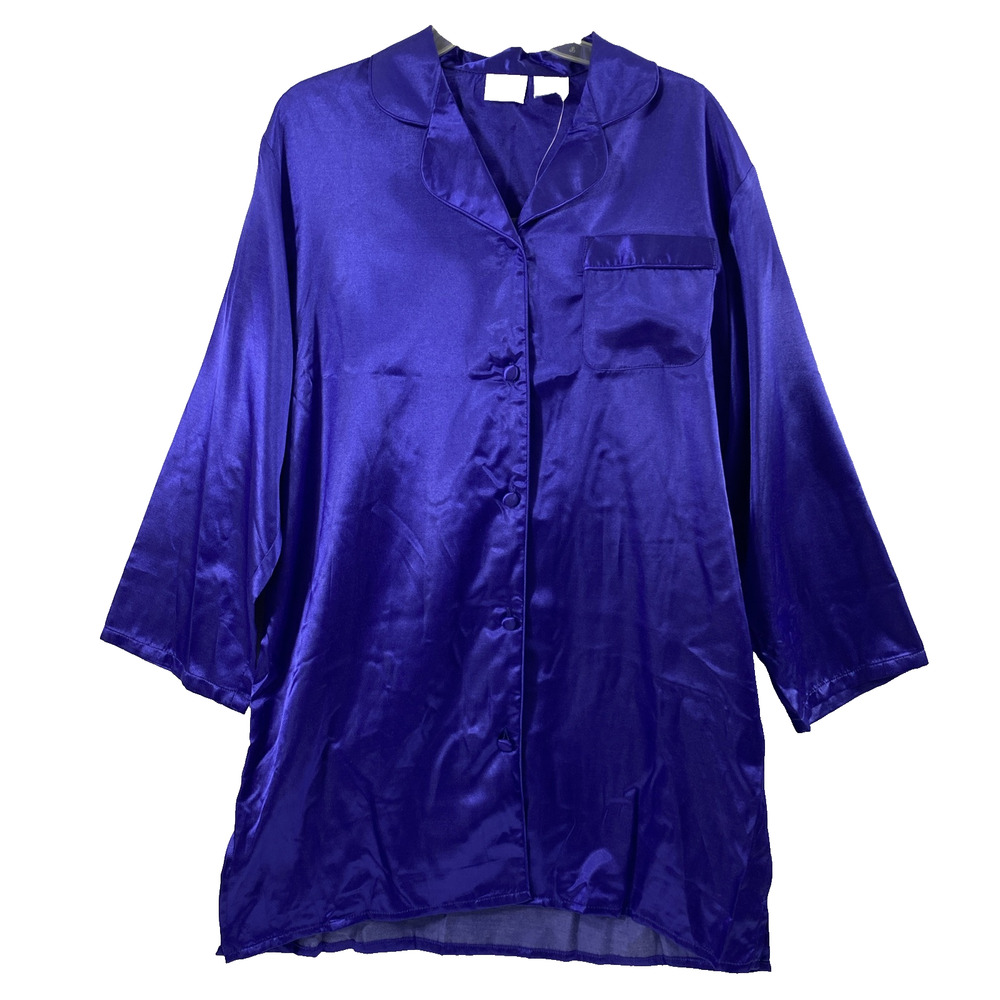 Intimate Moods Nightshirt Womens Medium Purple‎ Button Up Satin Sleep Lounge PJs